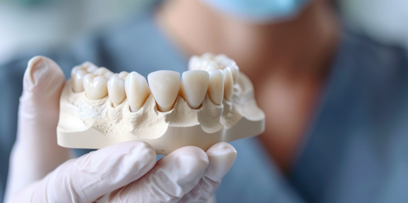セラミックの歯の模型を手にした歯科医