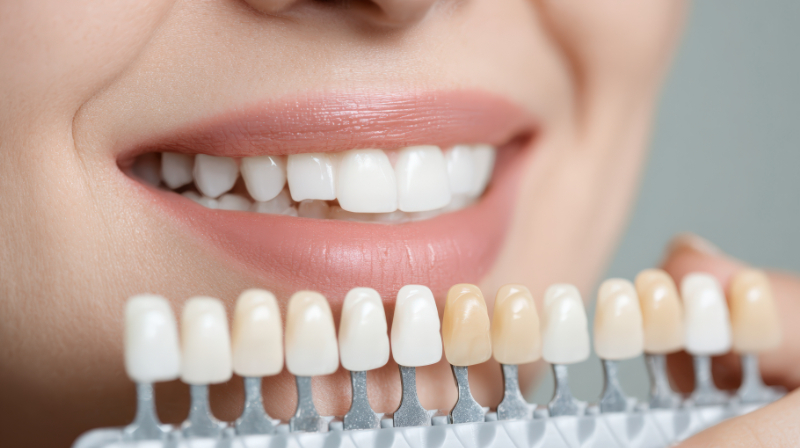 ホワイトニング後に歯の色を確認する様子