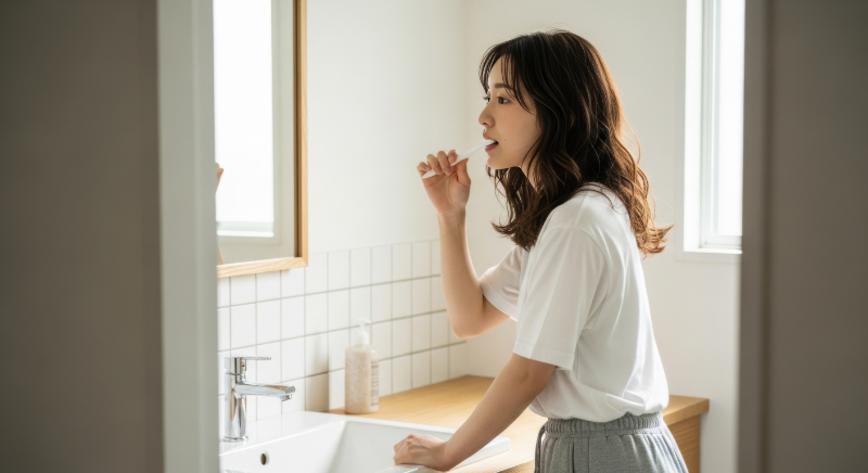 セラミックの歯を長く使い続けるために、食後に歯磨きをする女性