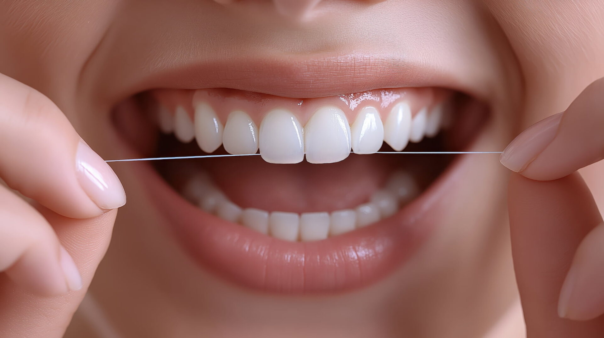 歯周病の進行を防ぐためデンタルフロスでケアする女性