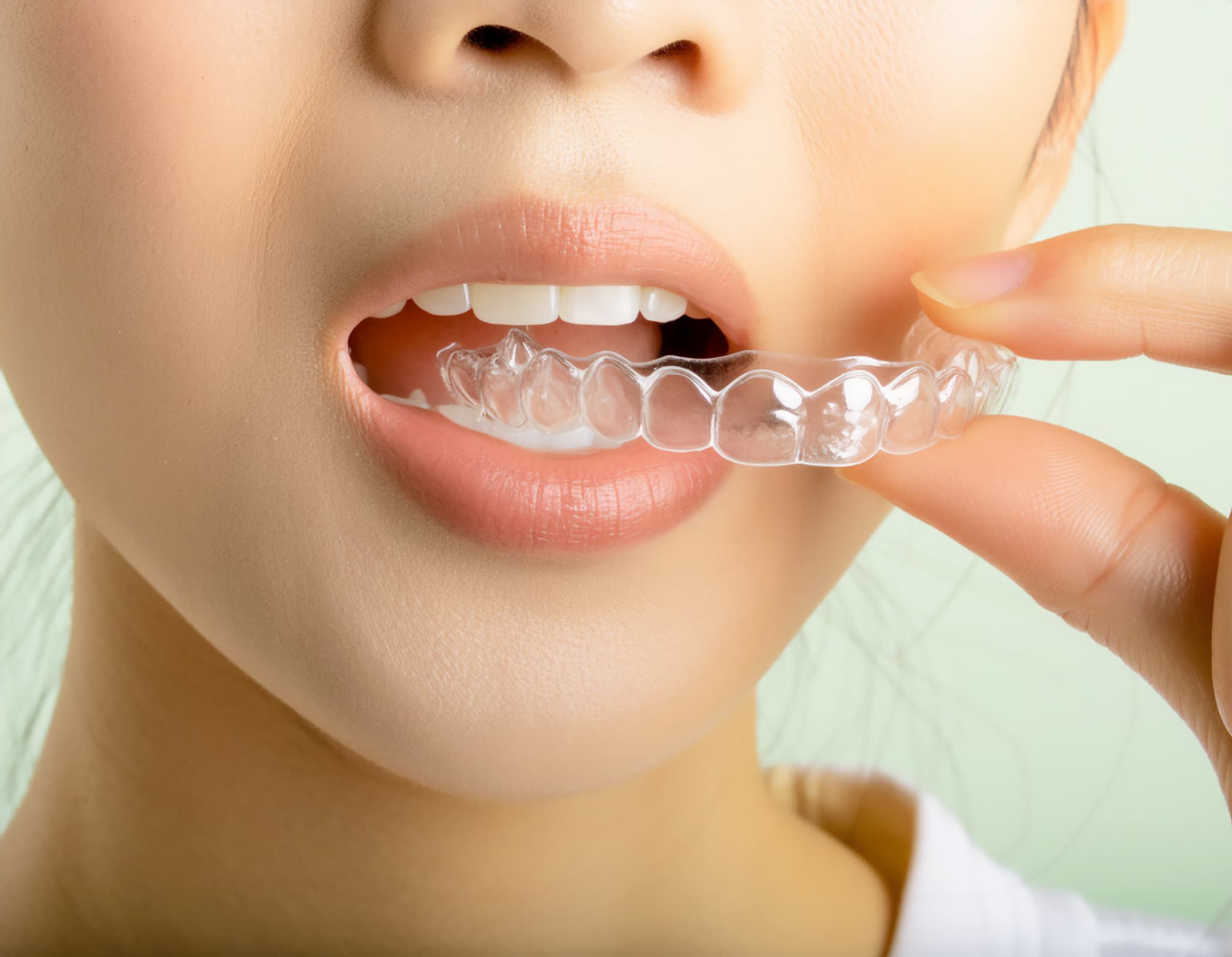 女性がマウスピースを装着する様子