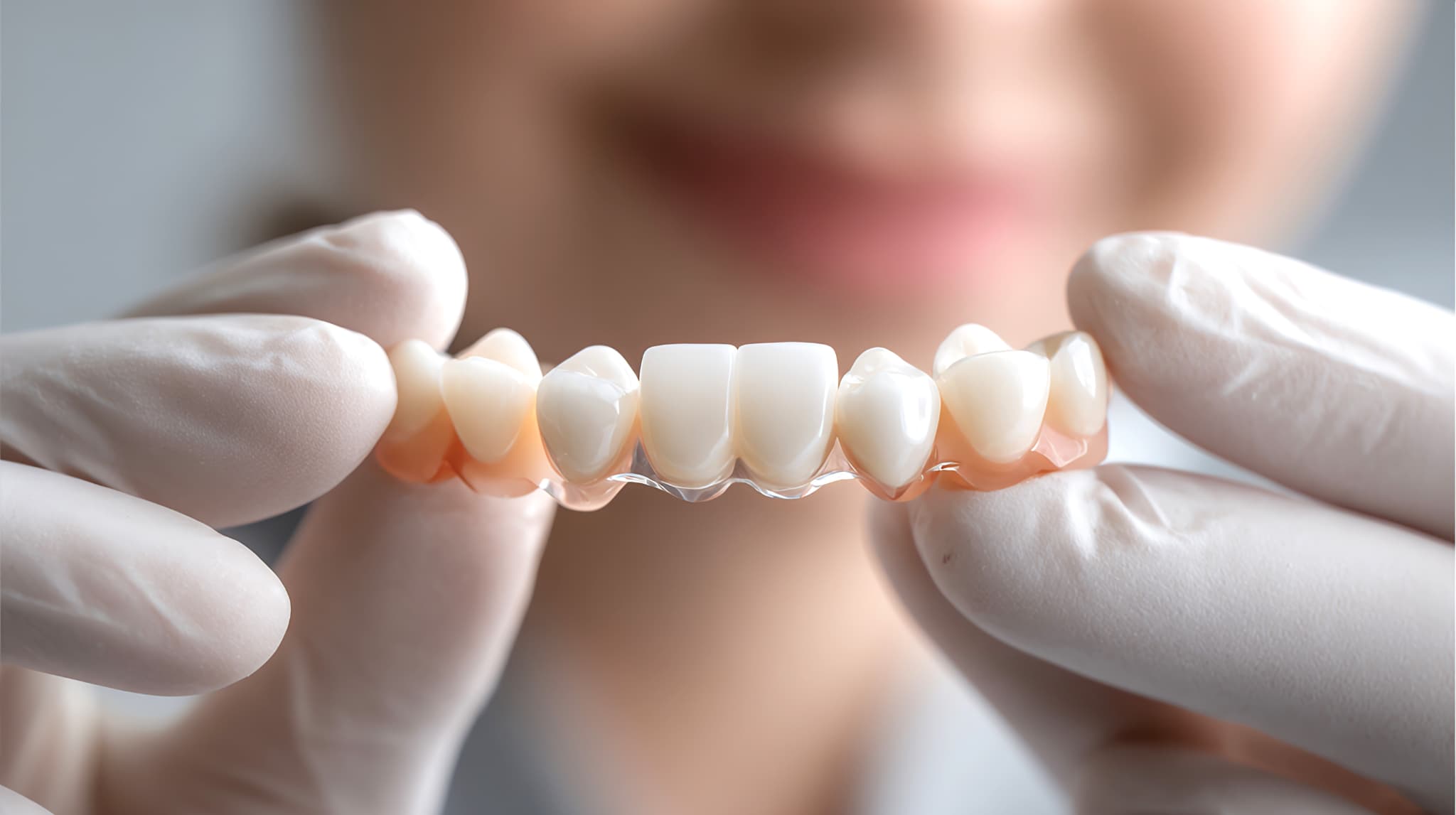 セラミックの歯の模型を見せる歯科医師の手元