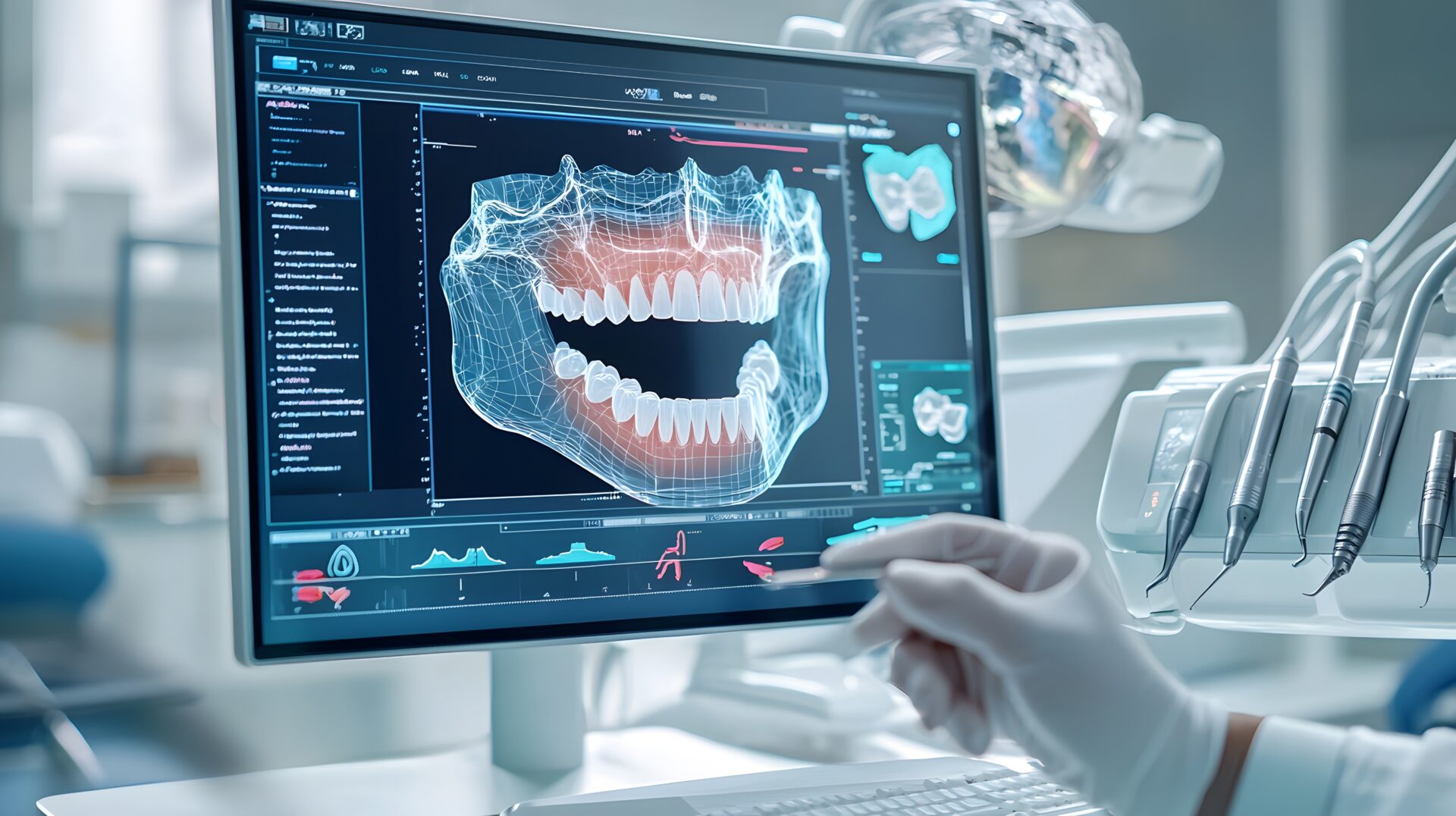 歯周外科治療中にモニターで歯の状態を確認する歯科医師